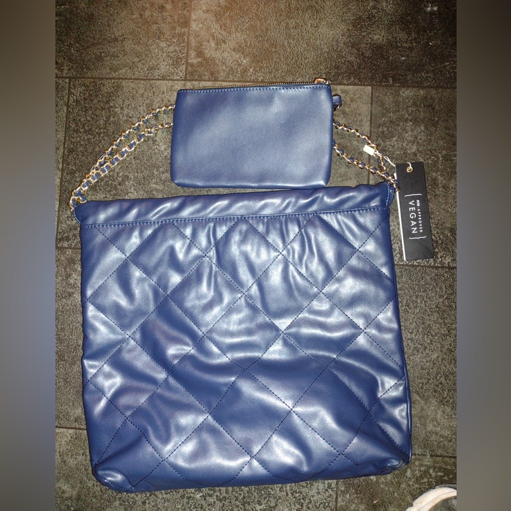 New! Blue Large Quilted Bag with Silver Chains and free blue cash/change bag